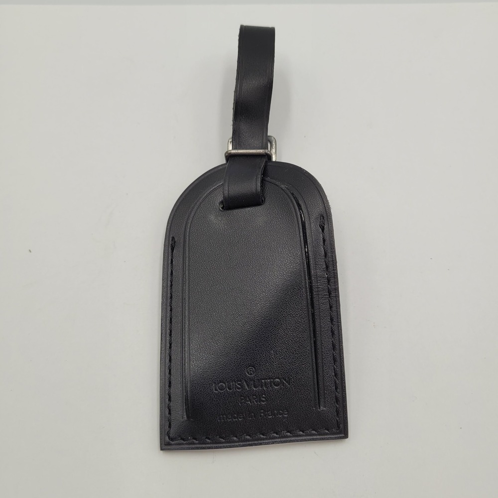 Louis Vuitton Black Leather Luggage Tag Silver Buckle France Travel Accessory